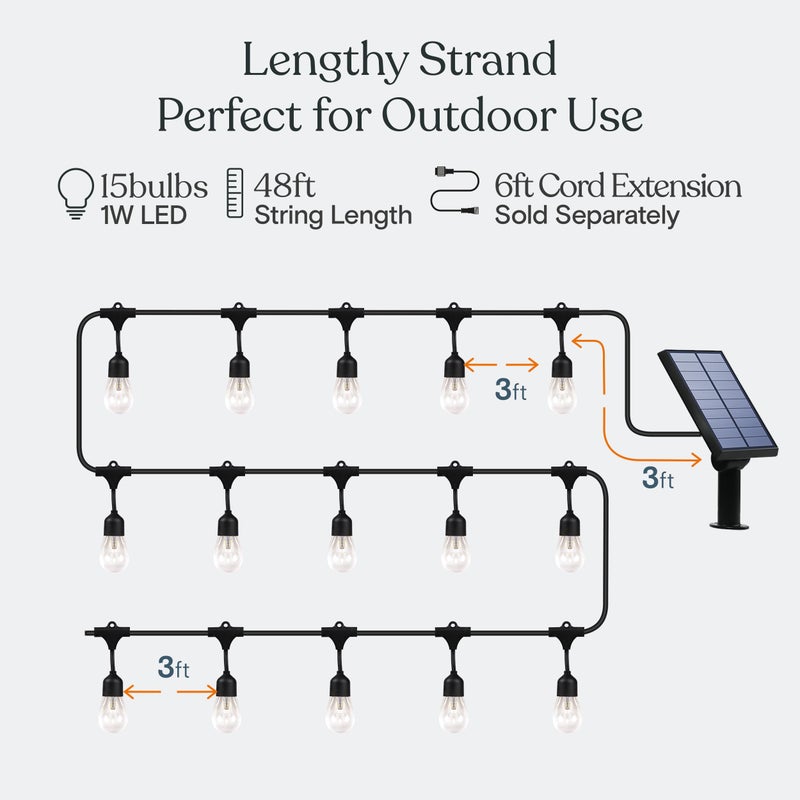 Brightech Ambience Pro - 48 Ft Waterproof, Solar Power Outdoor String Lights - 1W LED Hanging Edison Bulbs Create Bistro Ambience in Your Yard - Commercial Grade, Shatterproof - 15 Lights, Soft White - Image 3